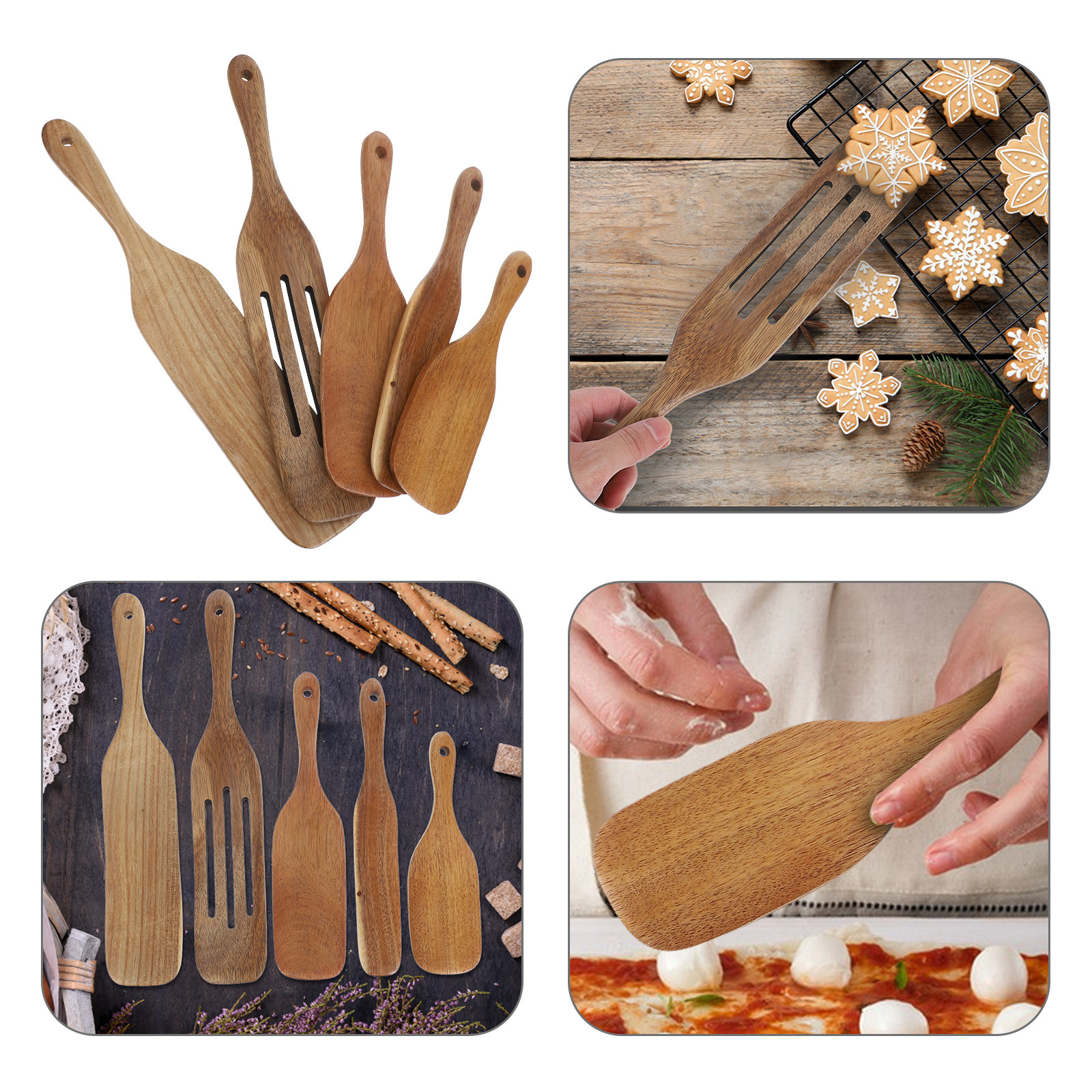 Pizza Stone Baking - 5Pcs Wooden Pizza Paddle Set Natural